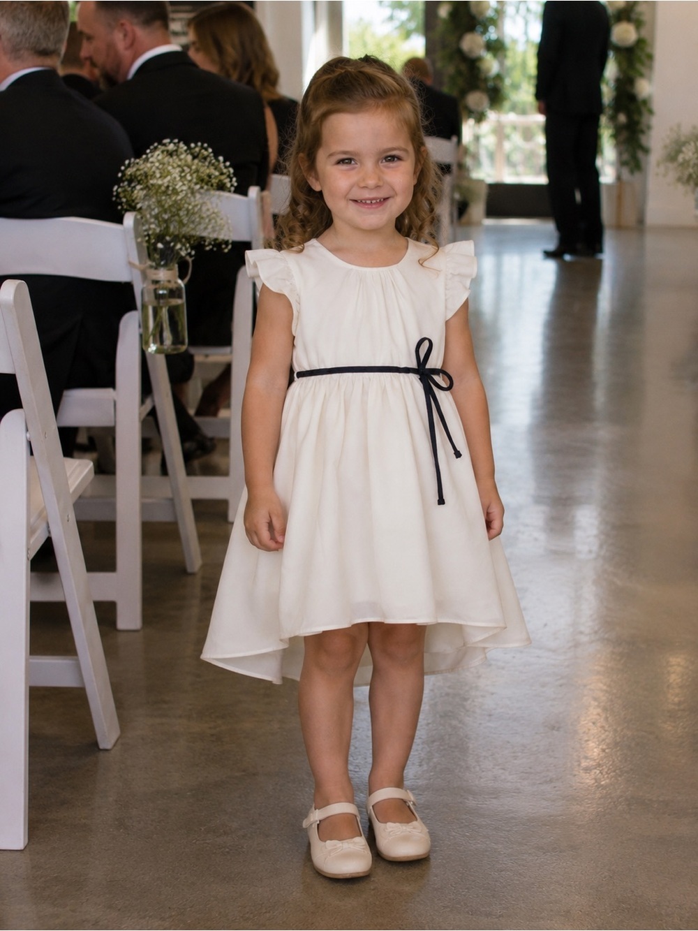 Marie Chantal Silk Flower Girl Party Dress Velvet Sash Ivory High Low 4 UK